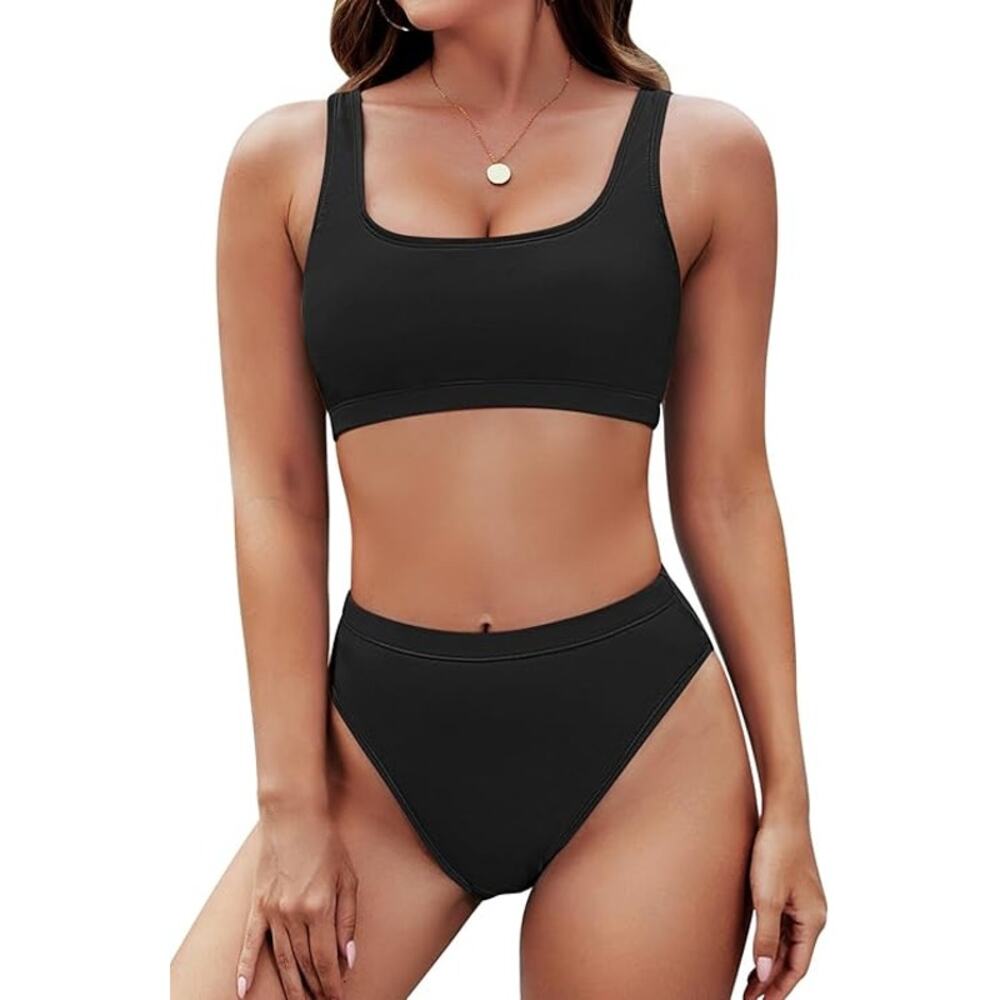 New Small Crop Top, High Waisted, Cheeky Bikini Two Piece Swimsuit in Black